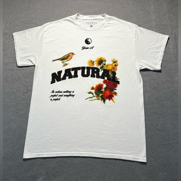 PacSun Natural T-Shirt Men’s Large White Cotton Graphic Bird Flowers - Picture 1 of 5